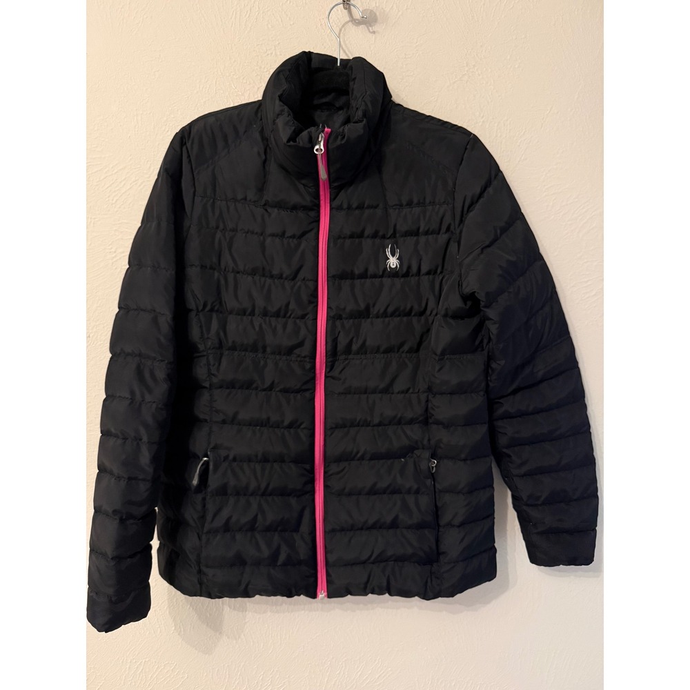 Spyder Women Black Down Puffer Jacket Pink Zipper Large Insulated ski